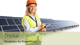  Presentation with photovoltaic - PPT theme having female-engineer-with-a-safety background and a yellow colored foreground