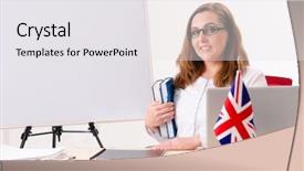  Presentation with english teacher - Cool new slide deck with female english teacher backdrop and a white colored foreground