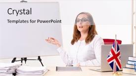  Presentation with english teacher - Cool new PPT theme with female english teacher backdrop and a sky blue colored foreground