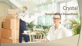  Presentation with entrepreneur - Colorful presentation design enhanced with female entrepreneur i glasses keeping backdrop and a sky blue colored foreground