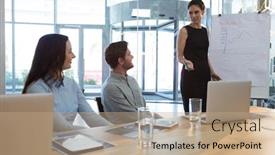  Presentation with female journalist at press conference - Presentation enhanced with female-executive-giving-presentation background and a coral colored foreground