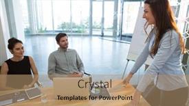  Presentation with office room - Slide set having female-executive-giving-presentation background and a coral colored foreground