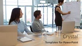  Presentation with office room - Amazing presentation design having female-executive-giving-presentation backdrop and a coral colored foreground