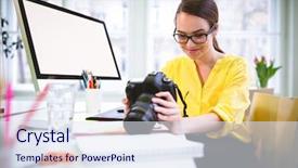  Presentation with executive - Cool new theme with female executive looking at camera backdrop and a sky blue colored foreground