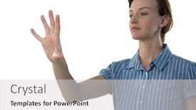  Presentation with executive - Beautiful slides featuring female-executive-pretending-to-use backdrop and a light gray colored foreground