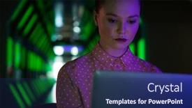  Presentation with executive - Presentation theme having female-executive-using-laptop background and a navy blue colored foreground