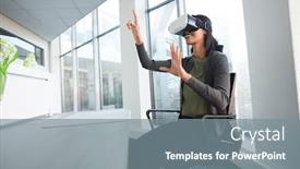  Presentation with virtual reality - Colorful slide set enhanced with female-executive-using-virtual-reality backdrop and a gray colored foreground