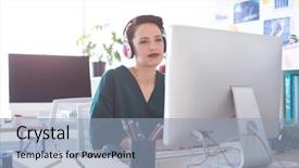  Presentation with front office - Presentation consisting of female executive working on computer background and a  colored foreground