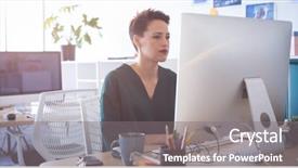  Presentation with front desk - Presentation featuring female executive working on computer background and a gray colored foreground