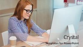  Presentation with female office graphics - Beautiful presentation design featuring female executive working on computer backdrop and a soft green colored foreground