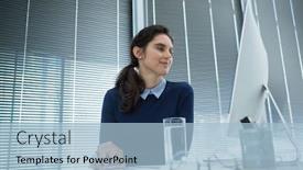  Presentation with social distancing - Presentation design consisting of female-executive-working-on-desktop background and a light blue colored foreground