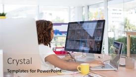  Presentation with executive - Amazing slide set having female-executive-working-over-graphic backdrop and a soft green colored foreground