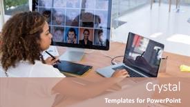  Presentation with social distancing - Slides consisting of female-executive-working-over-graphic background and a coral colored foreground