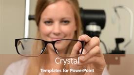  Presentation with eye doctor - Cool new PPT layouts with female eye doctor holding glasses - focus on glasses backdrop and a coral colored foreground