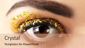  Presentation with fancy - Amazing PPT theme having female eye with fancy glitter makeup macro view backdrop and a coral colored foreground