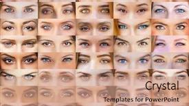  Presentation with blue eyes technology eye scan - Slide deck consisting of female eyes of different colors background and a coral colored foreground