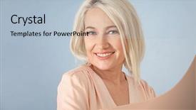  Presentation with happy smiling woman dental health - Presentation design featuring female face - portrait of smiling mature woman background and a light blue colored foreground