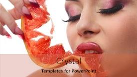  Presentation with female - Presentation theme with female-face-with-pummelo-slice background and a red colored foreground