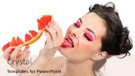  Presentation with female - Slide deck featuring female-face-with-pummelo-slice background and a coral colored foreground