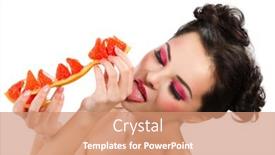  Presentation with female - Beautiful presentation theme featuring female-face-with-pummelo-slice backdrop and a coral colored foreground