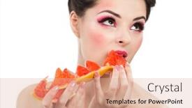  Presentation with female - Cool new PPT layouts with female-face-with-pummelo-slice backdrop and a coral colored foreground