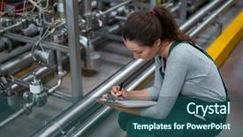  Presentation with record - PPT theme with female factory worker maintaining record on clipboard in drinks production factory background and a ocean colored foreground