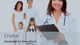  Presentation with doctor family - Colorful theme enhanced with female family doctor on the background of a happy family backdrop and a light blue colored foreground