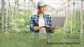  Presentation with greenhouse - Theme having female-farmer-working background and a seafoam green colored foreground