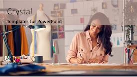  Presentation with designs - PPT theme featuring female-fashion-designer-in-studio background and a coral colored foreground