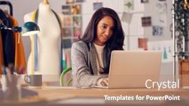  Presentation with studio - PPT theme with female-fashion-designer-in-studio background and a coral colored foreground