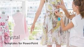  Presentation with measuring - Audience pleasing PPT theme consisting of female fashion designer measuring model's waist in the studio backdrop and a lemonade colored foreground