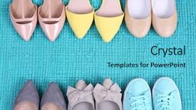  Presentation with fashion shoes - Beautiful slide set featuring female fashion shoes on blue backdrop and a light blue colored foreground