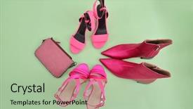  Presentation with fashion shoes - Cool new PPT layouts with female fashion three pink shoes backdrop and a mint green colored foreground
