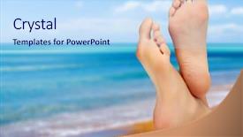  Presentation with sardines school in blue sea - Slides consisting of female feet against blue sea background and a light blue colored foreground