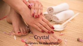  Presentation with caring hands - Beautiful PPT theme featuring female feet and hands backdrop and a coral colored foreground