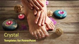 Presentation with feet - Presentation theme with female feet at spa pedicure procedure with flowers and candlelight on wooden background background and a tawny brown colored foreground
