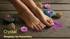  Presentation with feet - Presentation theme having female feet at spa pedicure procedure with flowers and candlelight on wooden background background and a tawny brown colored foreground
