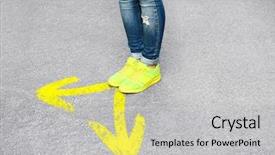  Presentation with road yellow - Audience pleasing PPT theme consisting of female feet standing on road with yellow arrows backdrop and a light gray colored foreground