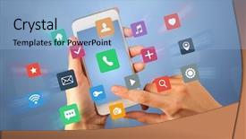  Presentation with fingers - Amazing slide deck having female fingers touching smartphone with colorful applications backdrop and a light blue colored foreground