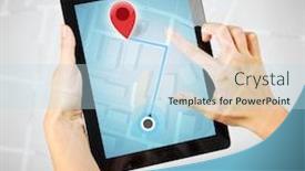  Presentation with fingers - Beautiful slides featuring female-fingers-touching-tablet backdrop and a sky blue colored foreground