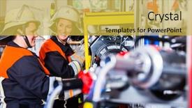  Presentation with fire fighters - PPT theme enhanced with vehicle fleet - female fire fighters loading hoses background and a yellow colored foreground