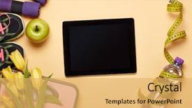  Presentation with still life crucifixion table - Presentation theme enhanced with sporting figure - female fitness still life sport background and a yellow colored foreground