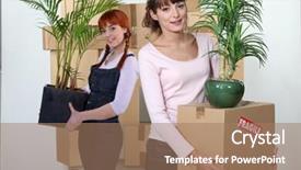  Presentation with boxes - Beautiful slide set featuring female-flatmates-carrying-cardboard-boxes backdrop and a coral colored foreground