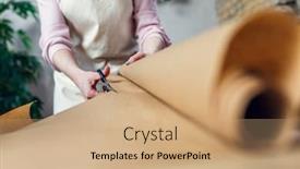  Presentation with paper cutting - Presentation consisting of female florist cutting wrapping paper with scissors for bouquet background and a coral colored foreground