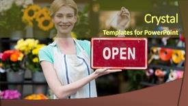  Presentation with signboard - Audience pleasing PPT layouts consisting of female florist holding open signboard in the flower shop backdrop and a tawny brown colored foreground