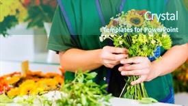 Presentation with nursery - Audience pleasing theme consisting of female florist in flower shop or nursery presenting roses preparing a bouquet backdrop and a ocean colored foreground