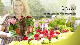  Presentation with nursery - Presentation consisting of female florist or gardener in flower shop or nursery background and a soft green colored foreground