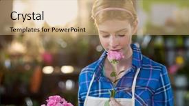  Presentation with pink rose - Colorful PPT layouts enhanced with female florist smelling pink rose in flower shop backdrop and a coral colored foreground