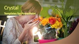  Presentation with rose flower - PPT layouts featuring female florist smelling rose flowers in the flower shop background and a tawny brown colored foreground