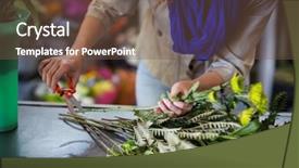  Presentation with stem - Beautiful theme featuring female florist trimming flower stem at flower shop backdrop and a tawny brown colored foreground